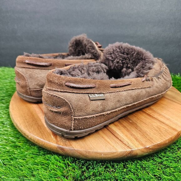 LL Bean Wicked Good Slippers Mens 9 Wide Brown Suede Shearling Slip On Shoes - Picture 2 of 11